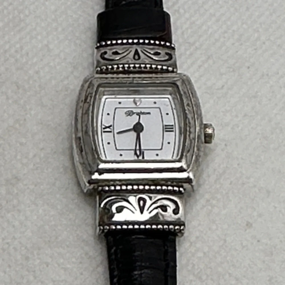 Brighton Silver Watch with Black Leather Strap